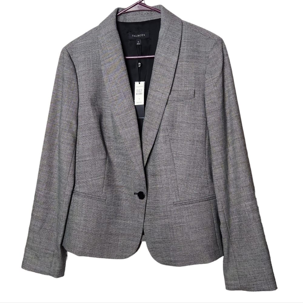 Talbots NWT Twill Wool Blend Blazer Jacket Black Circle Print Size 14 Women's - Picture 2 of 10